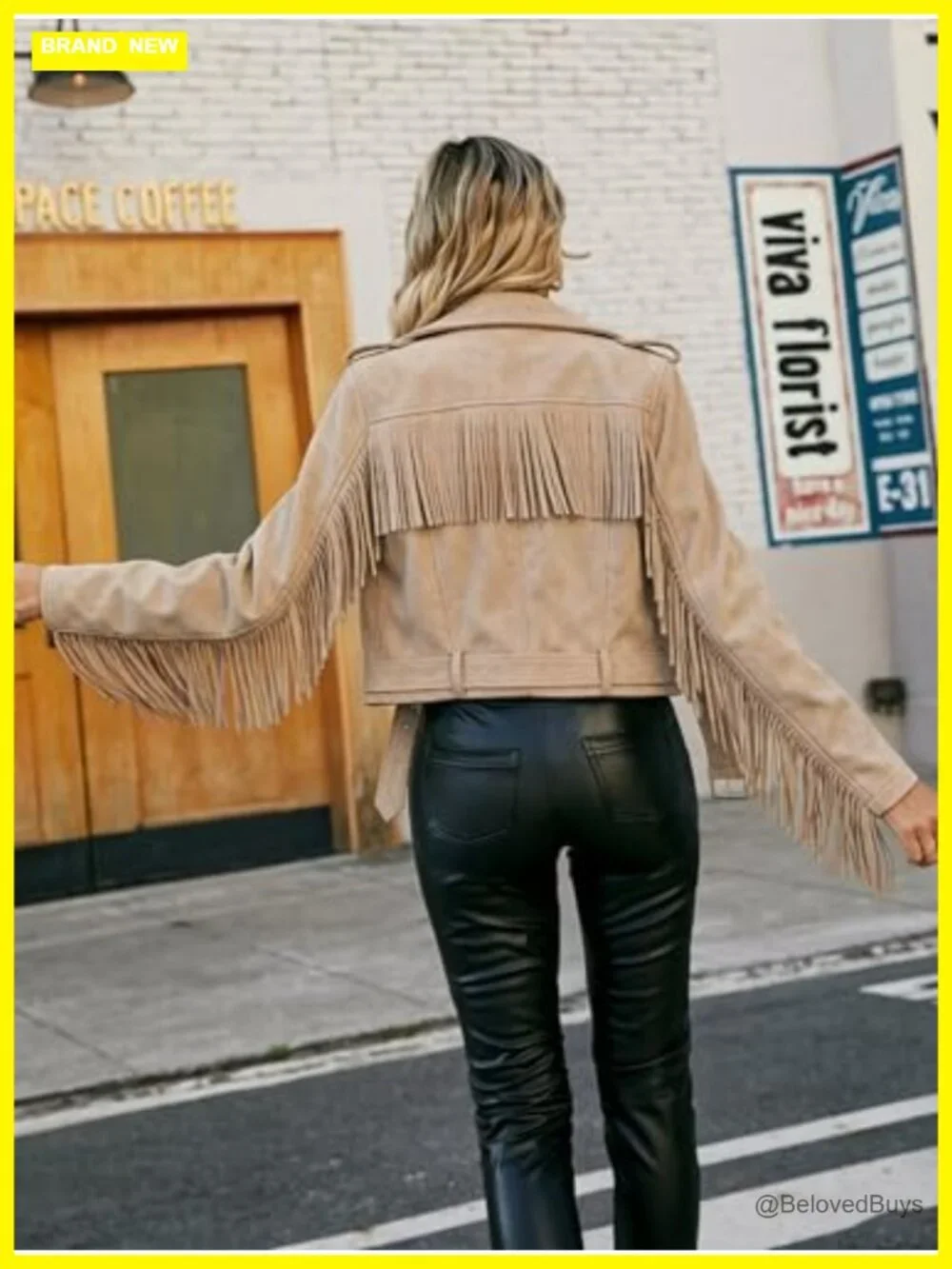 Faux Leather Moto Jacket with Tassel Trim, Belted, Zipper Closure - Picture 3 of 7